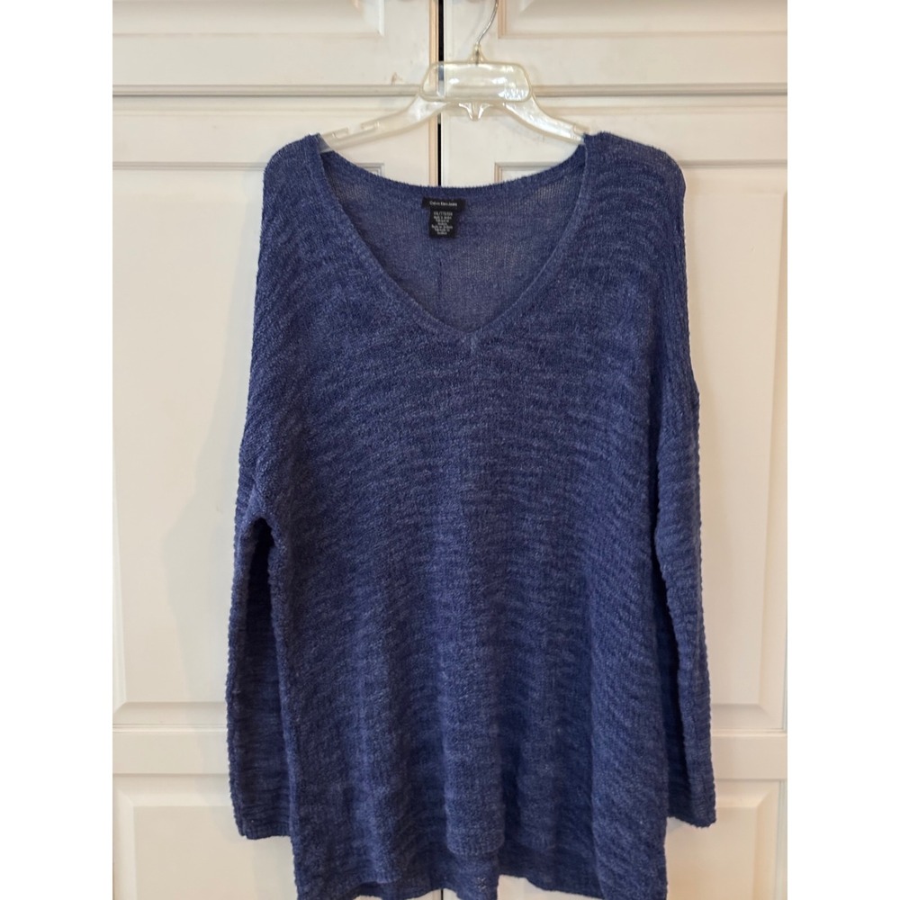 Calvin Klein Jeans Women's Blue Textured Knit V Neck Long Sleeve Sweater Top XXL